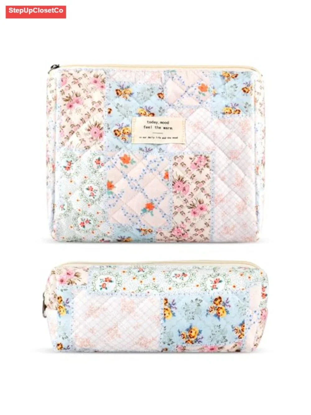 Quilted Cotton Makeup Bag Set Floral Coquette Travel Cosmetic Pouch with Brush